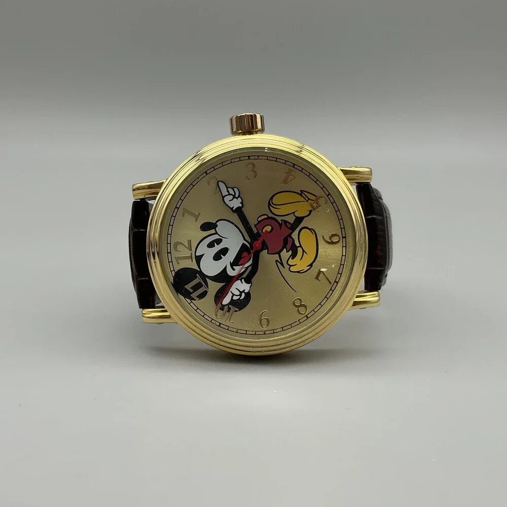 Disney Mickey Mouse Men Watch 43mm Gold Tone Brown Leather P234.85574.4 New Batt